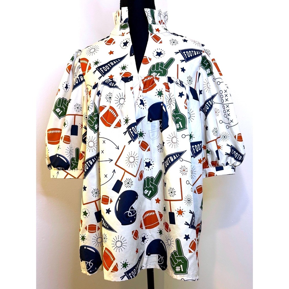Womens Football Print Ruffle Neck Puff Sleeve Babydoll Tunic‎ Top White Medium